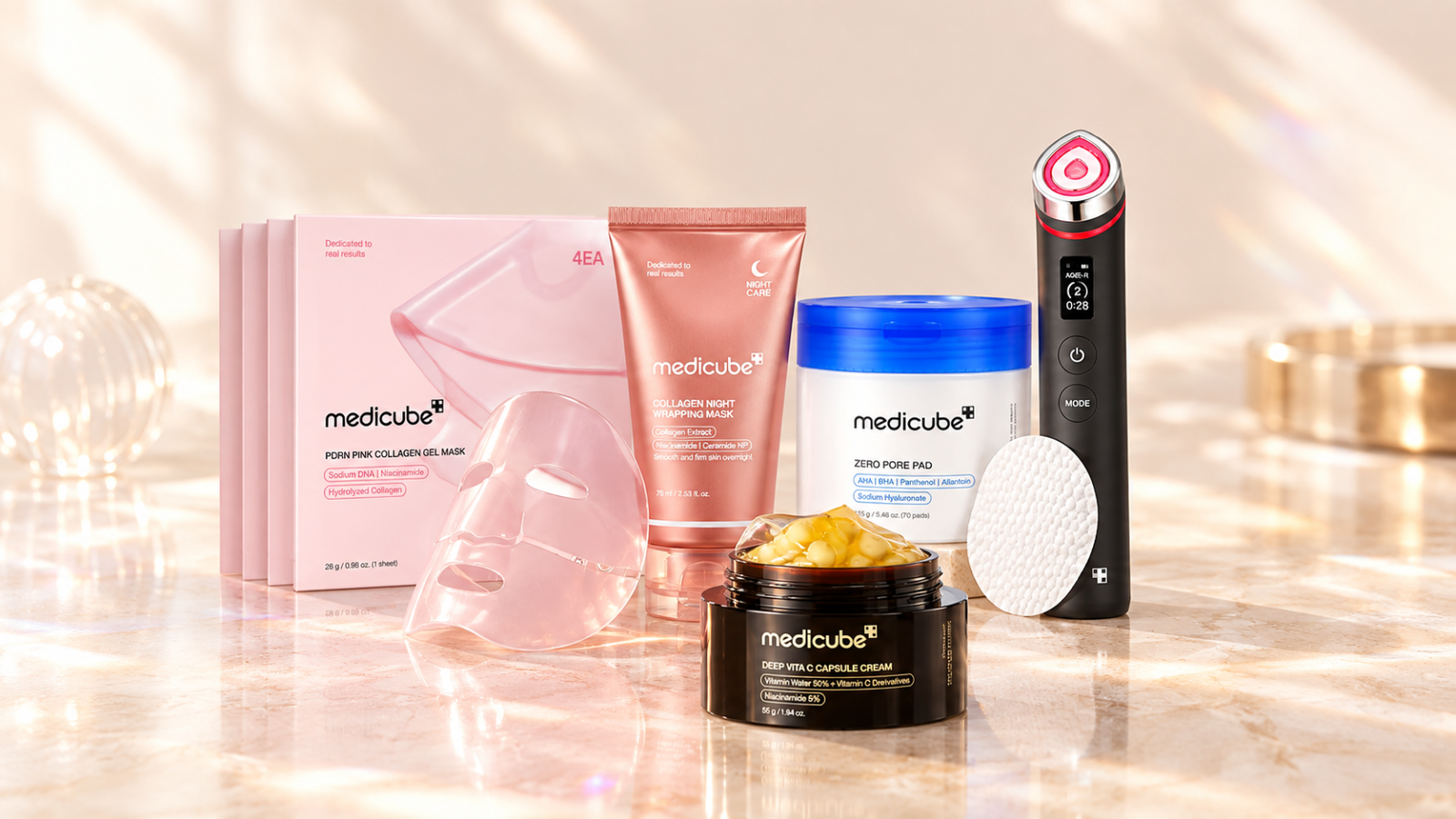 Five Medicube skincare products including PDRN jelly masks, collagen wrapping mask, pore pads, vitamin C cream, and AGE-R Booster Pro