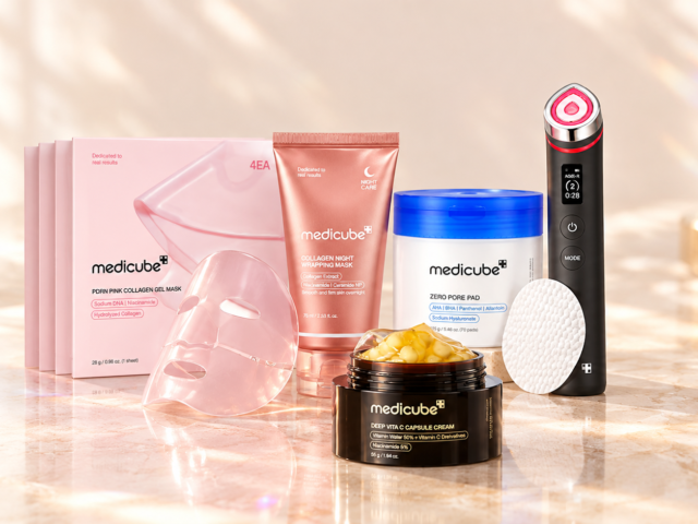 Five Medicube skincare products including PDRN jelly masks, collagen wrapping mask, pore pads, vitamin C cream, and AGE-R Booster Pro