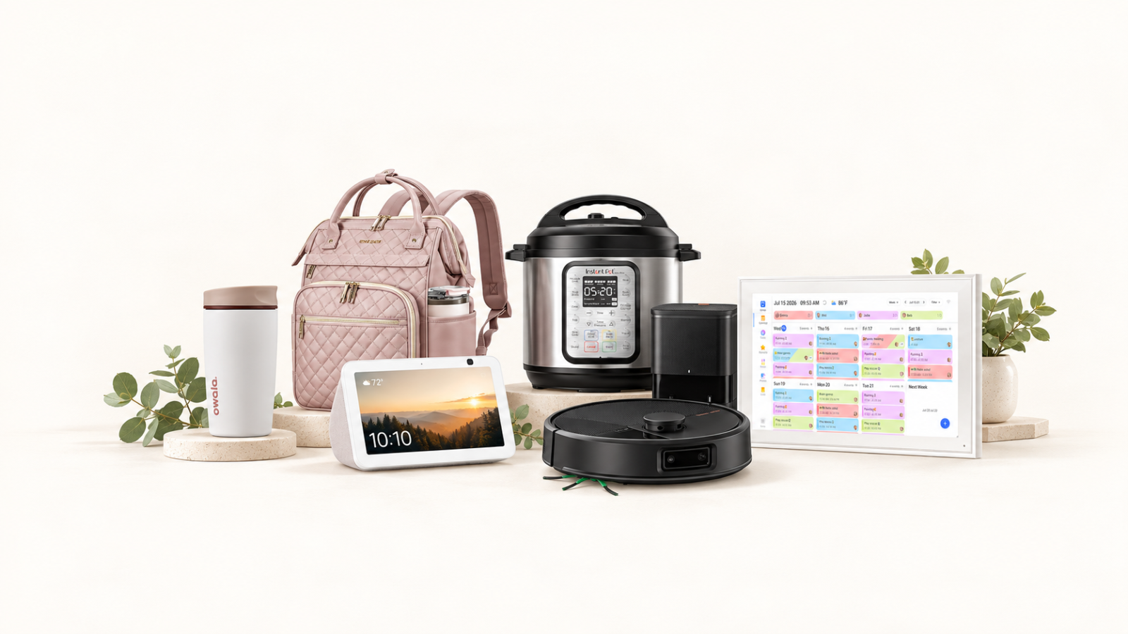 Owala tumbler, Echo Show 8, pink backpack, Instant Pot, Roomba, and digital family calendar arranged together