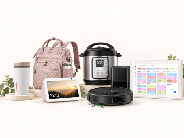 Owala tumbler, Echo Show 8, pink backpack, Instant Pot, Roomba, and digital family calendar arranged together
