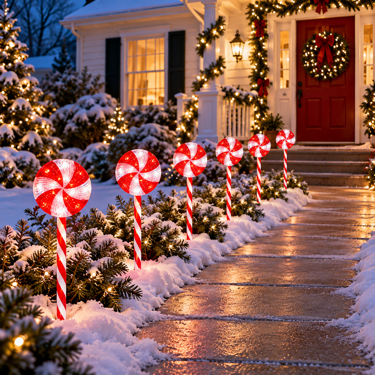 Red and white peppermint lollipop pathway lights