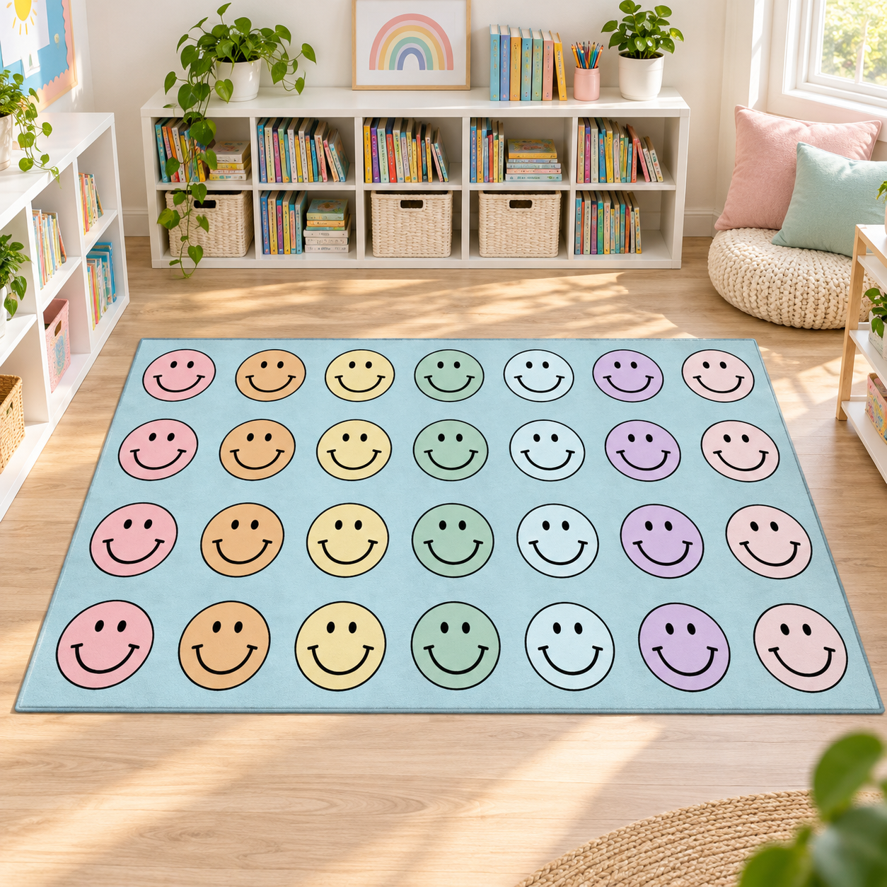 Pastel rainbow smiley classroom area rug with 28 seating spots