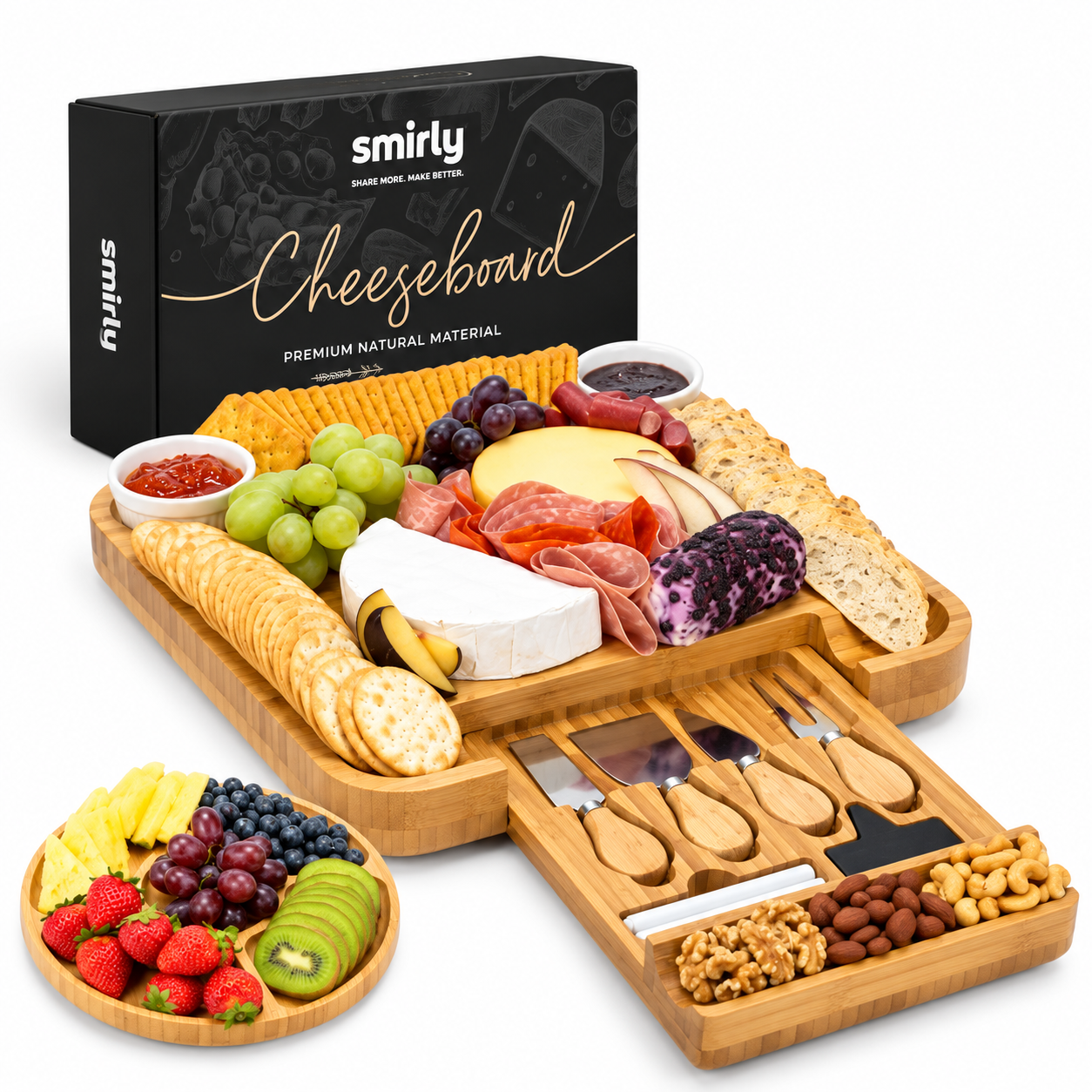 SMIRLY bamboo charcuterie board and cheese knife set