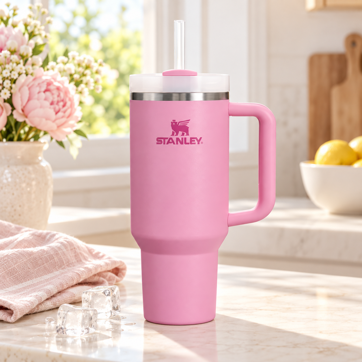 Pink Stanley Quencher H2.0 FlowState tumbler with handle and straw