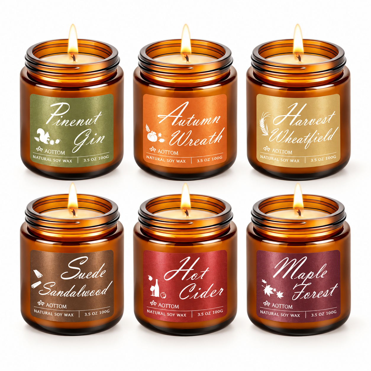 Aottom six-pack fall scented candles in amber glass jars