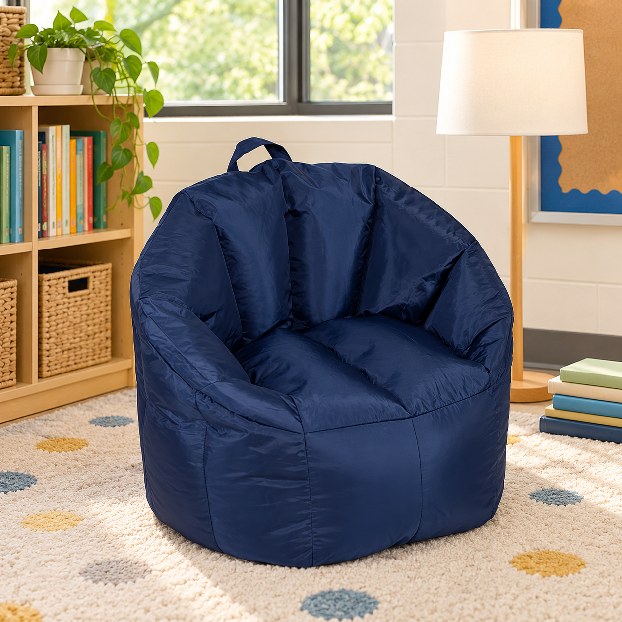 Navy Big Joe Milano bean bag chair for a classroom reading corner