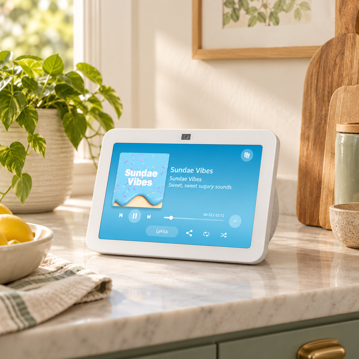 White Amazon Echo Show 8 smart display on a kitchen counter