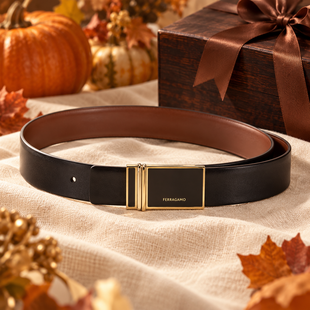 Black and brown reversible Salvatore Ferragamo leather belt