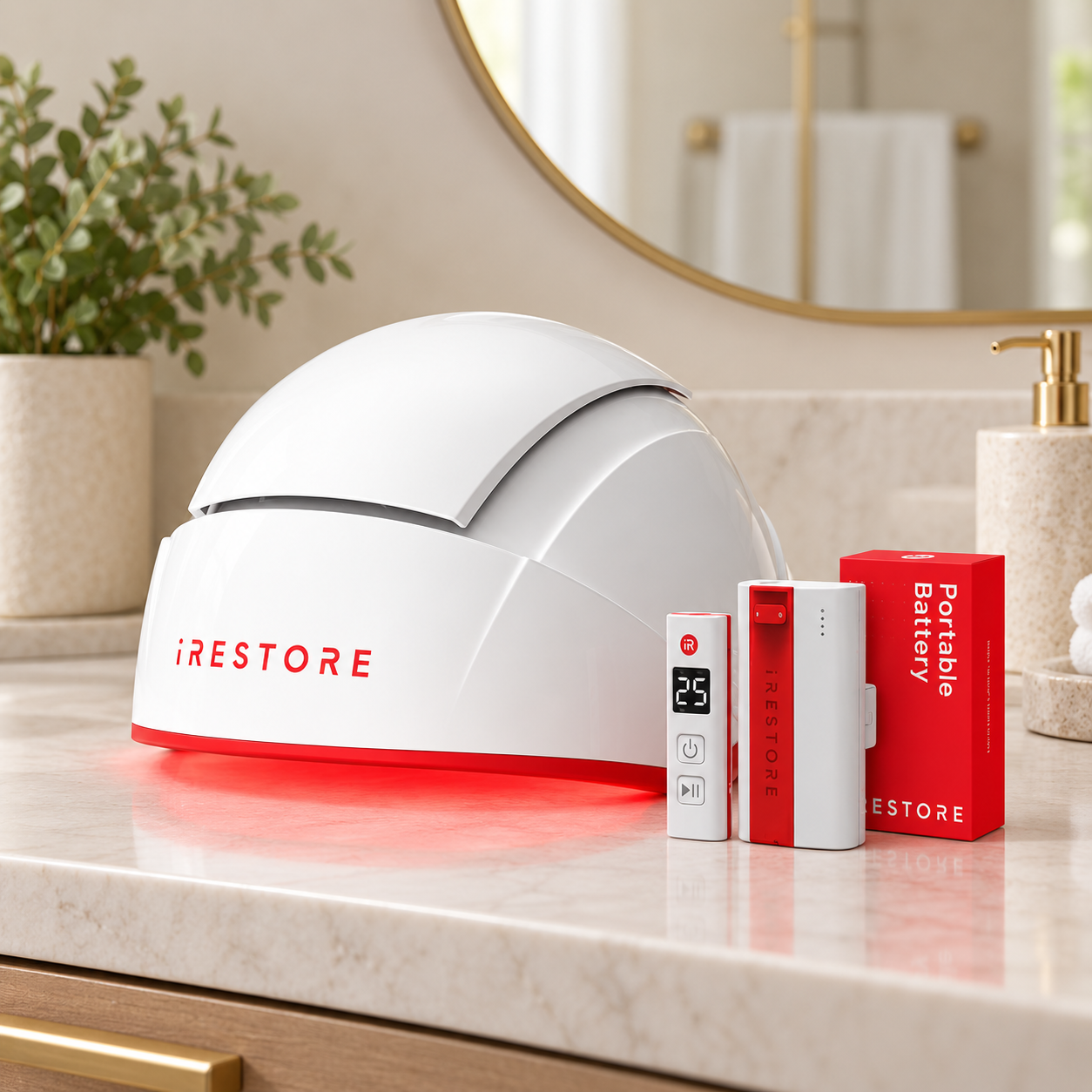 White iRestore Professional laser hair growth cap and battery pack