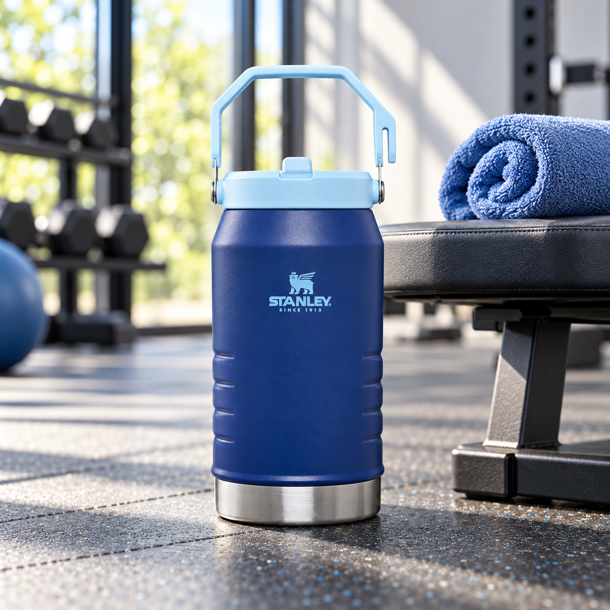 Blue Stanley IceFlow jug with carry handle