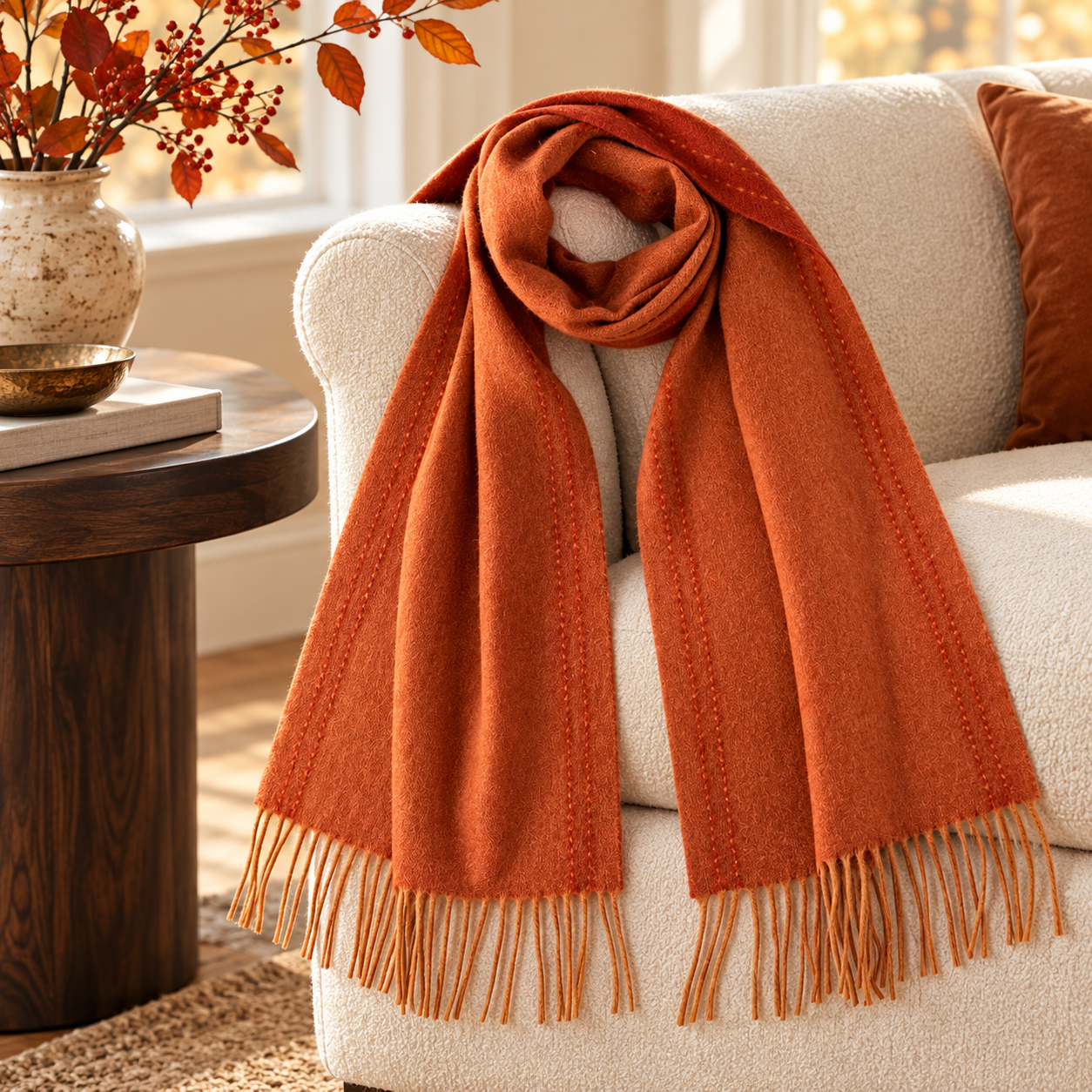 Brick red and camel cashmere scarf