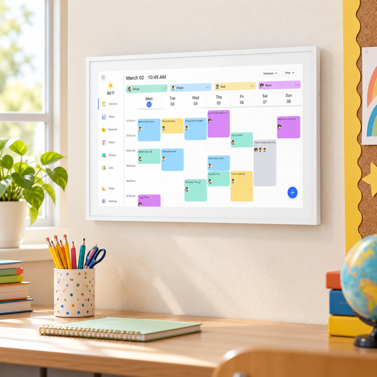 15.6 inch digital wall calendar displaying a colorful class schedule