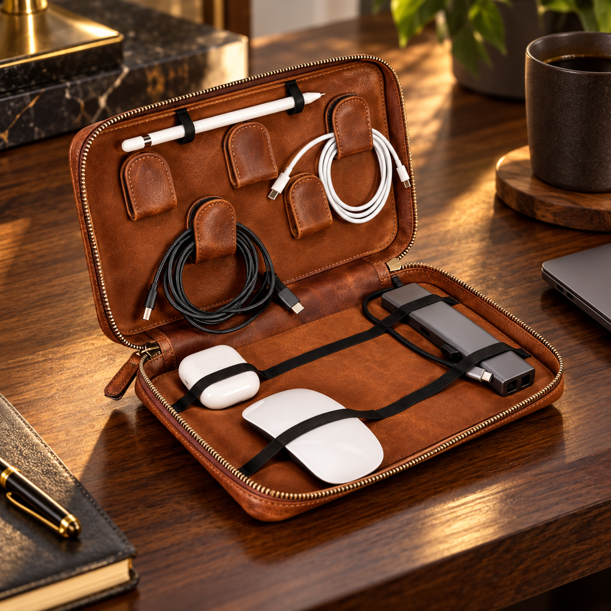 Brown leather cable organizer with loops and pockets