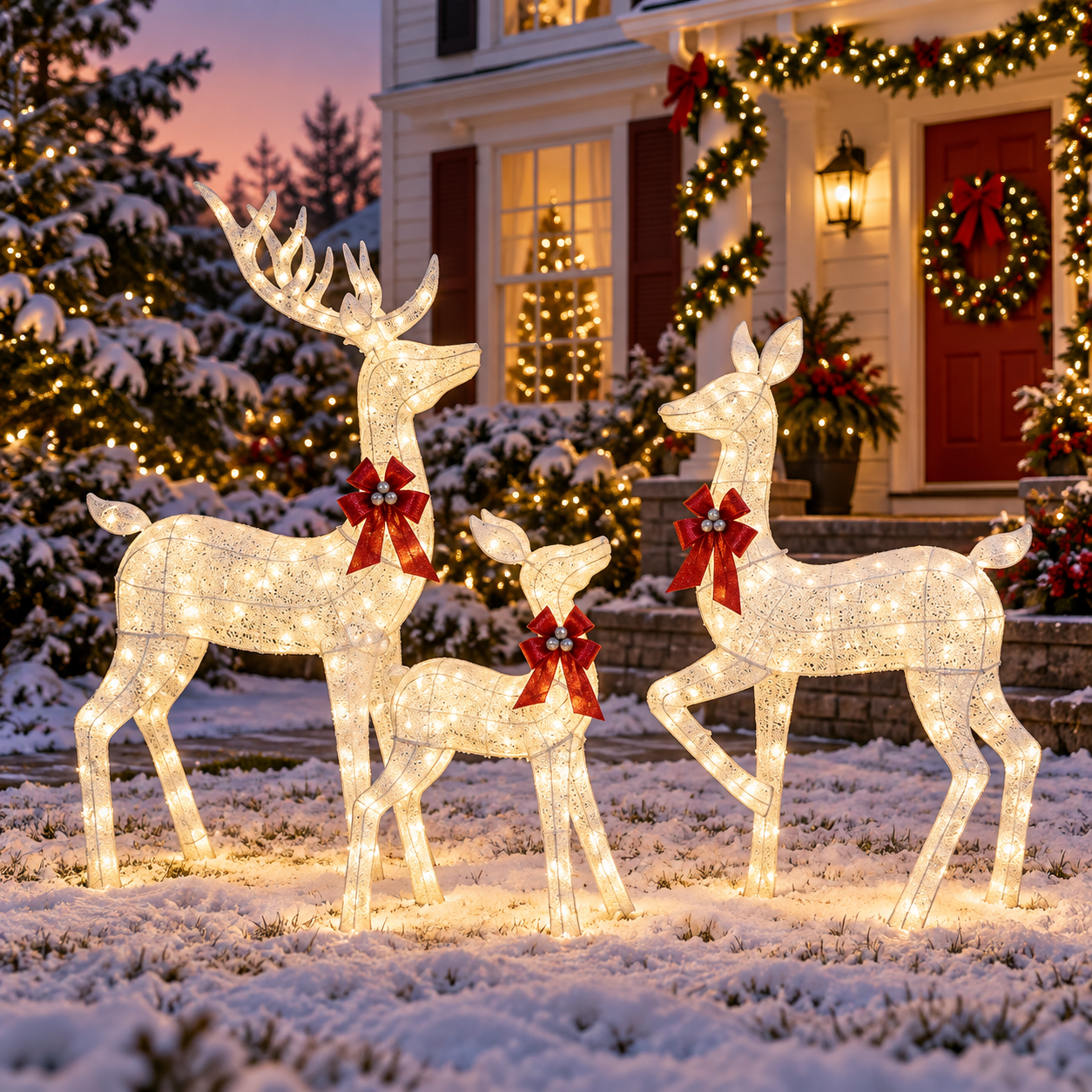 White lighted Christmas reindeer family with red bows