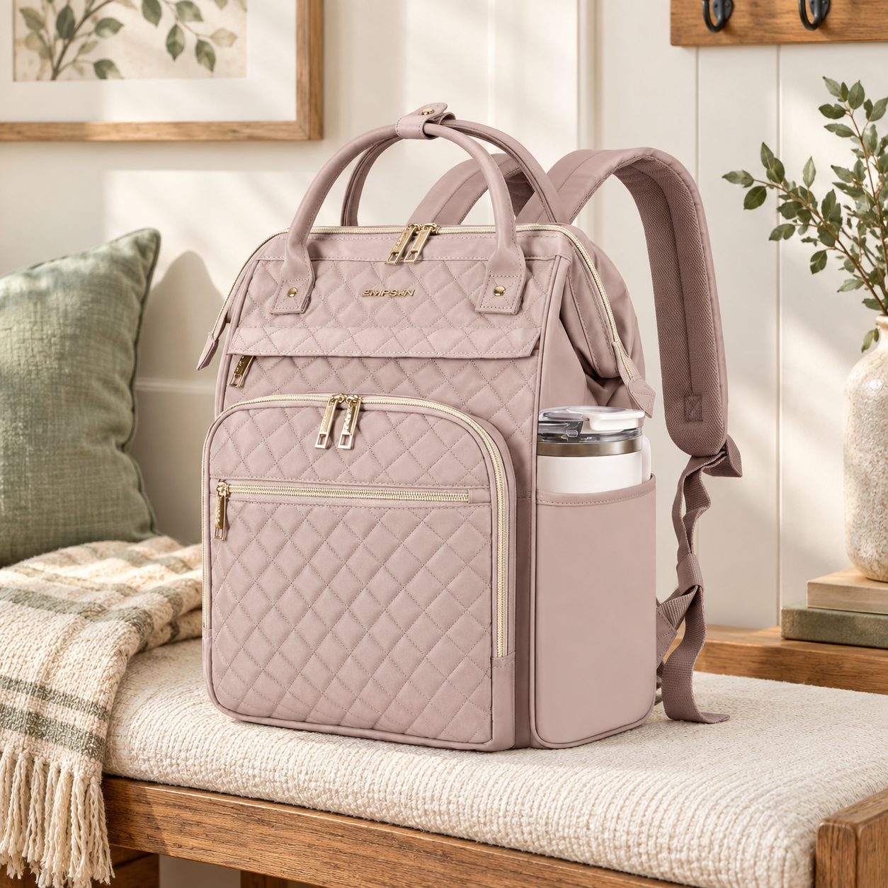 Dusty pink quilted EMPSIGN laptop backpack with side bottle pocket