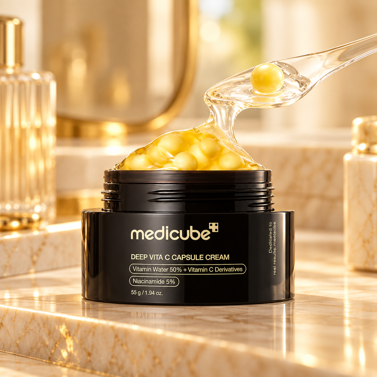 Medicube Deep Vita C Capsule Cream in a black jar with golden capsules