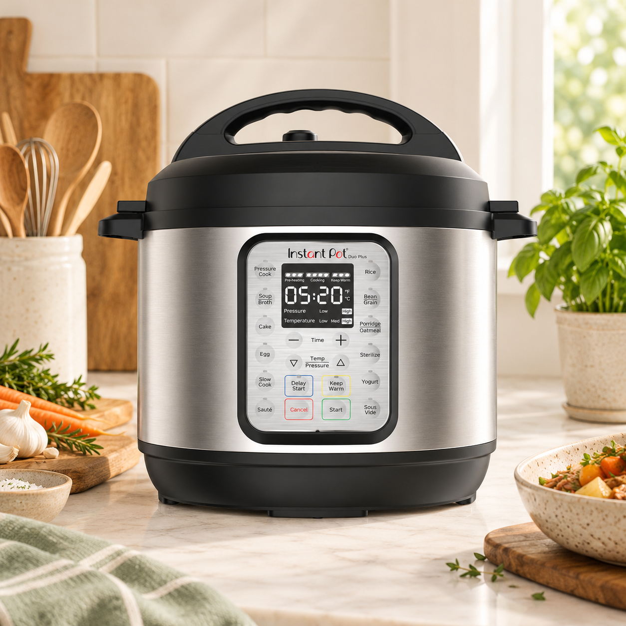 Instant Pot Duo Plus stainless steel multicooker on a kitchen counter