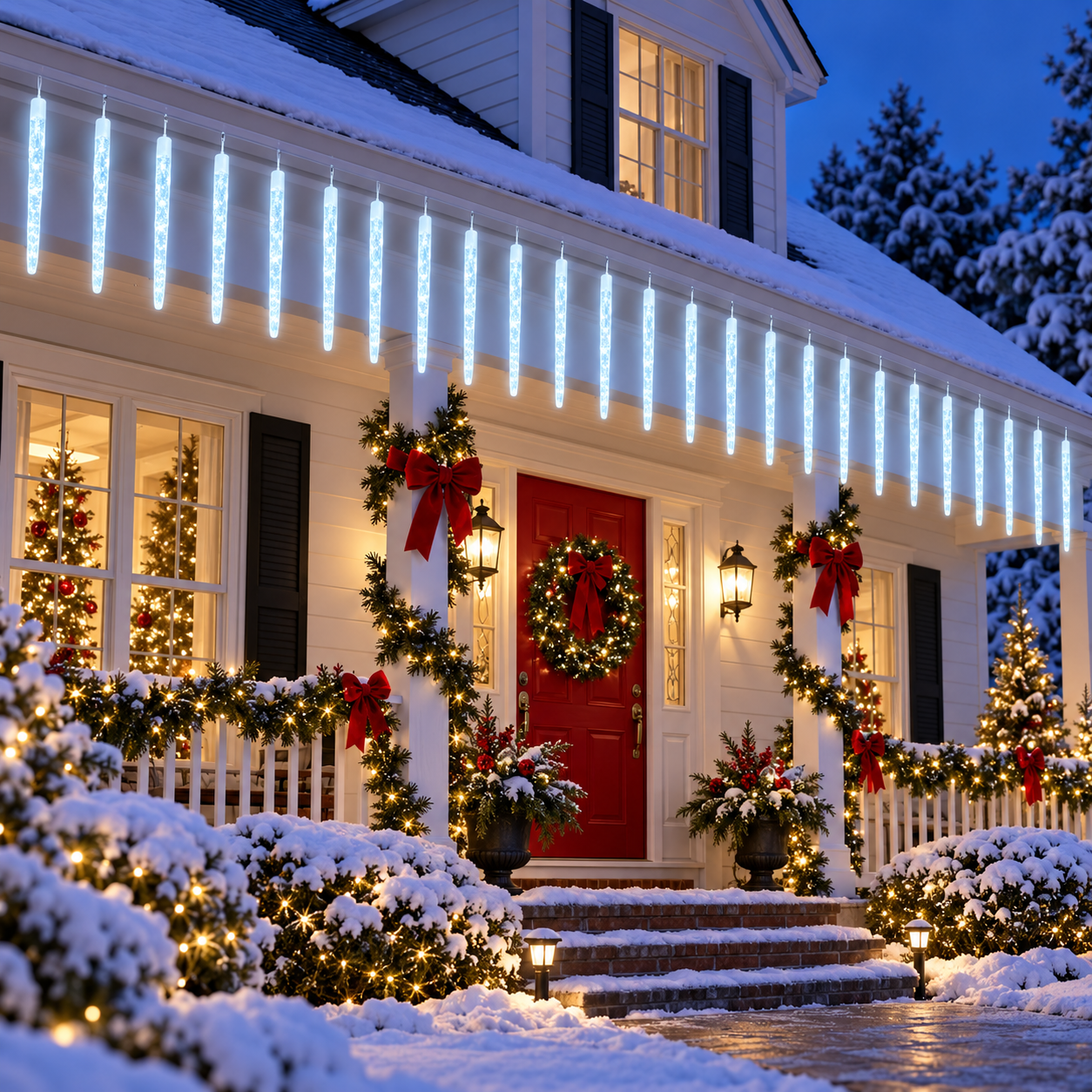 Color-changing smart icicle lights on a roofline