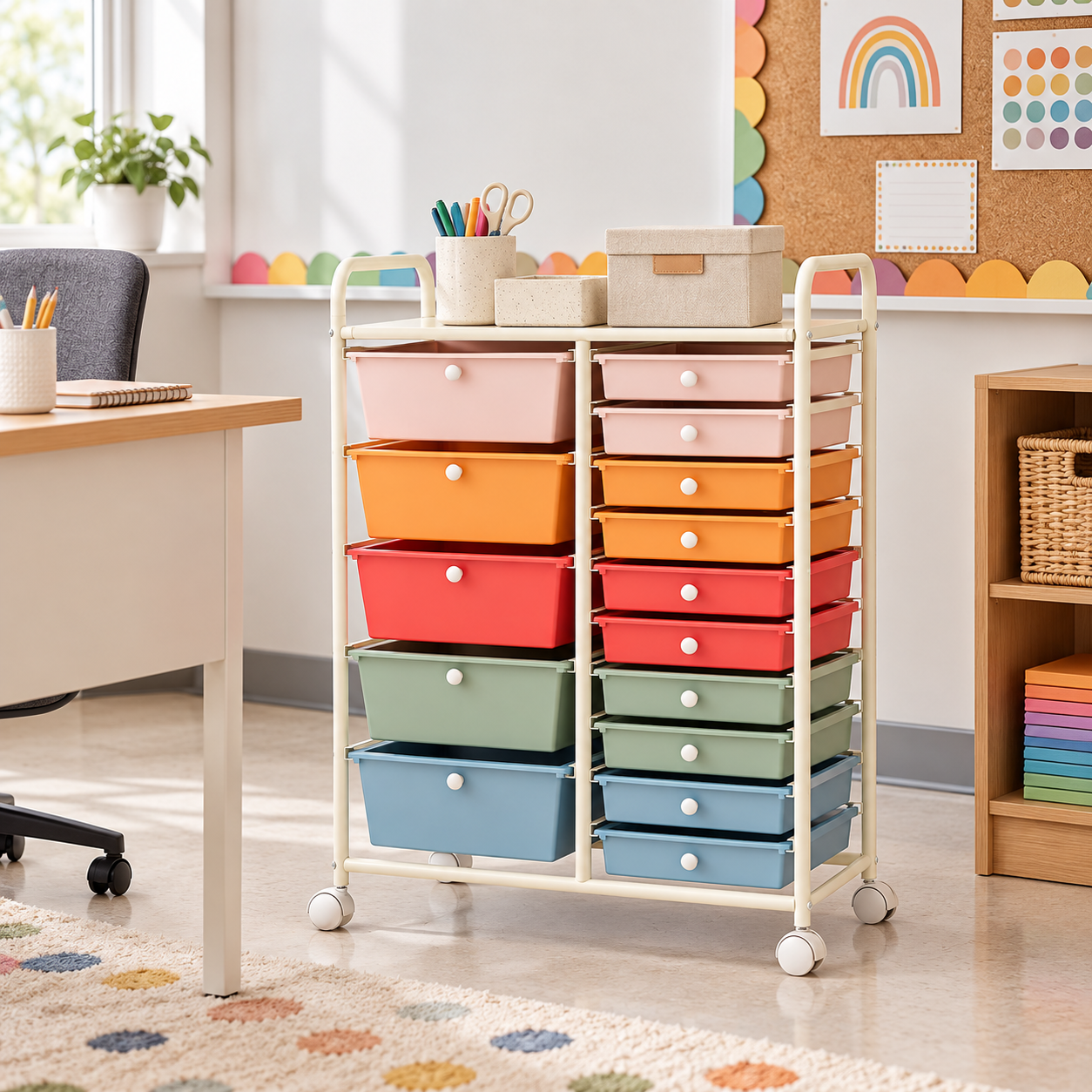 Rolling classroom storage cart with 15 colorful drawers