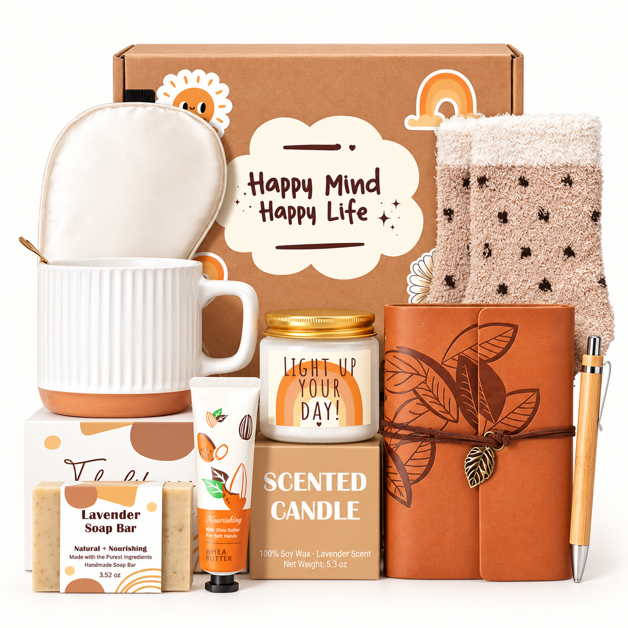 Appreciation gift basket with mug, socks, candle, soap and notebook