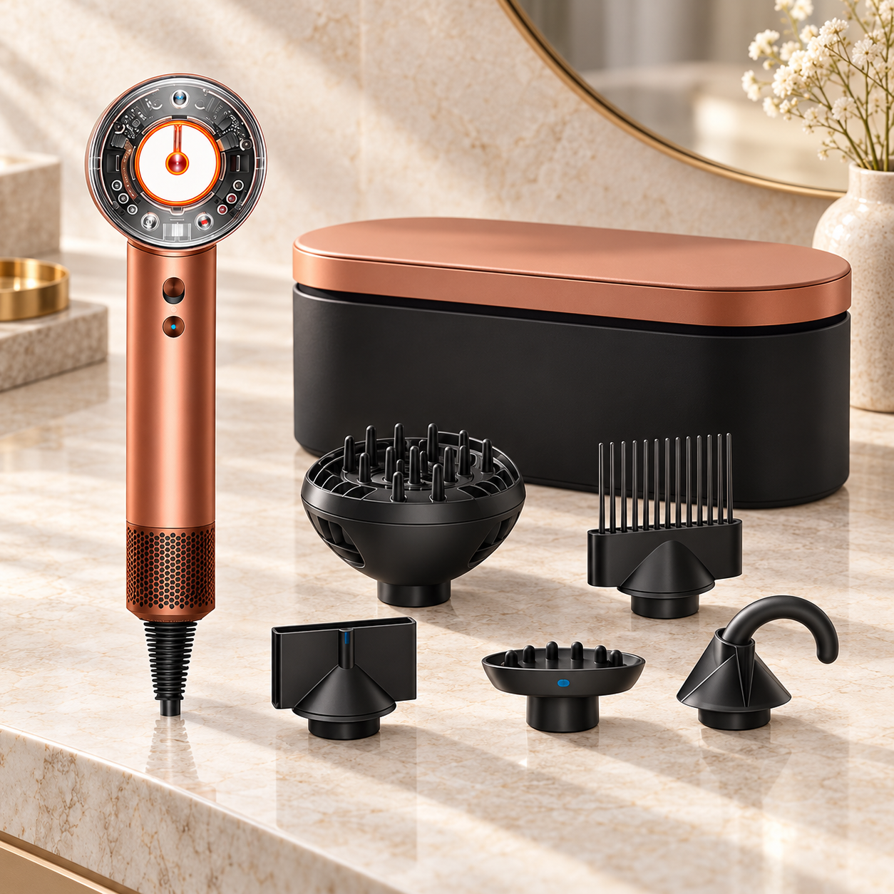 Copper Dyson Supersonic Nural hair dryer with styling attachments