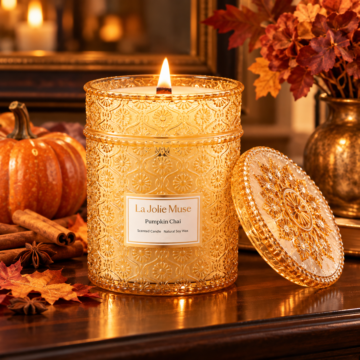 LA JOLIE MUSE Pumpkin Chai candle in amber glass jar