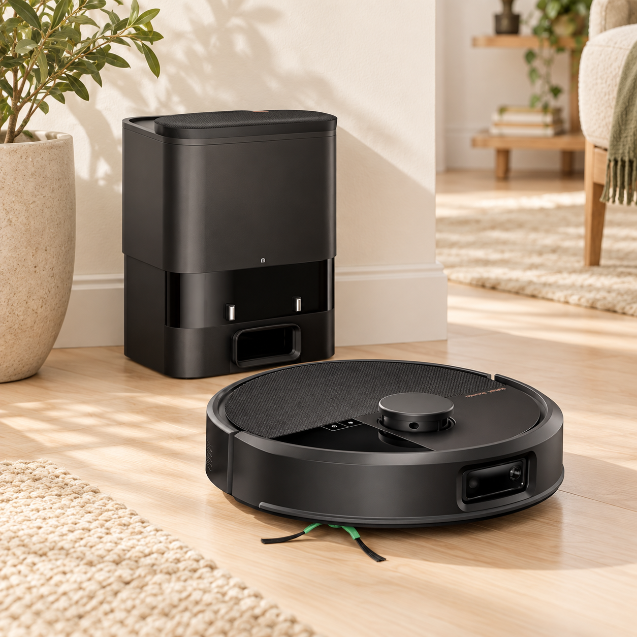 Black iRobot Roomba Max 705 robot vacuum beside its dock