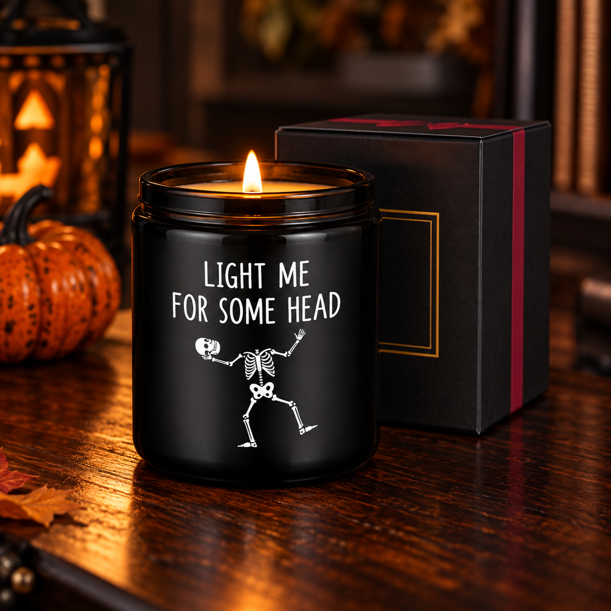 Black skeleton-themed Halloween candle