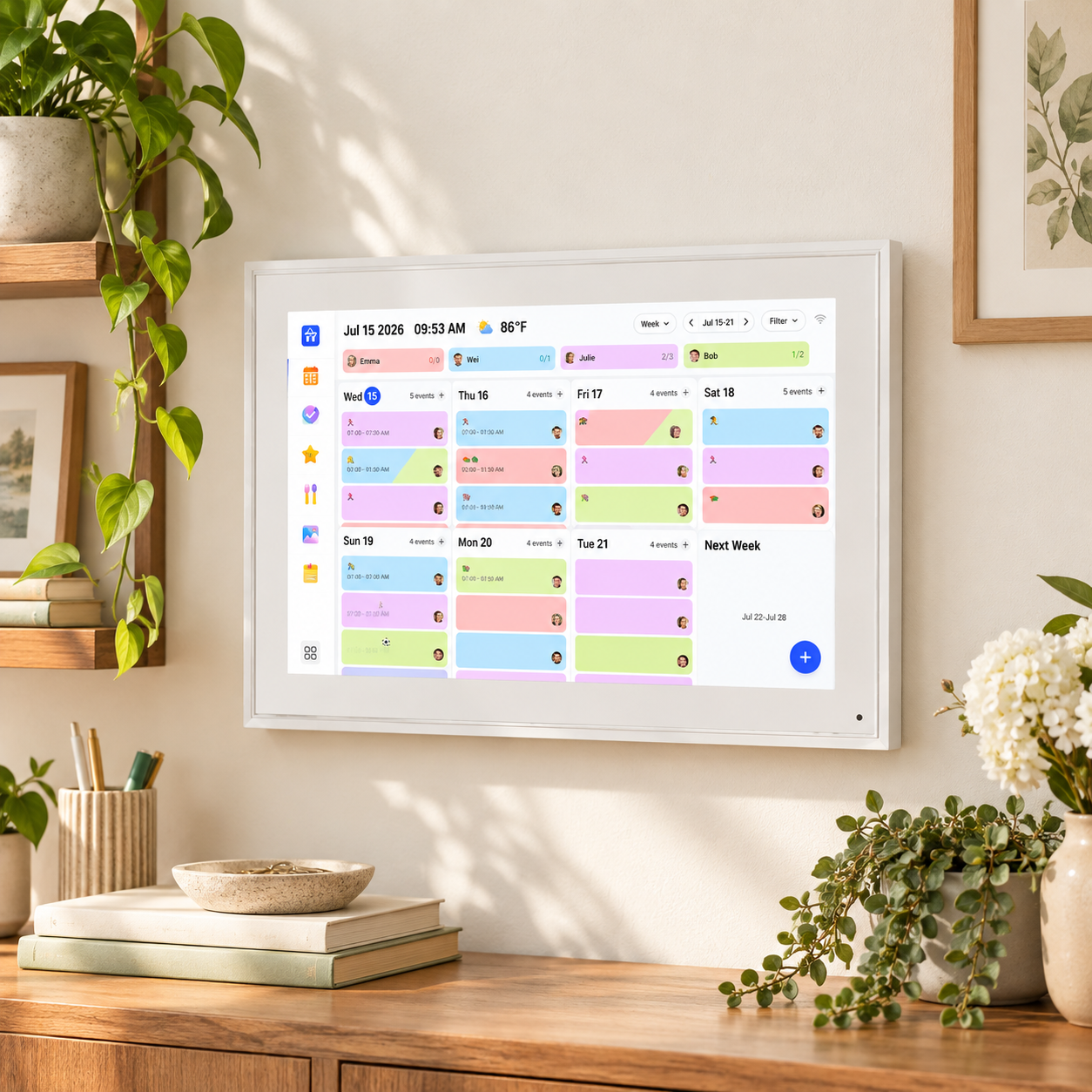 White digital family wall calendar showing a colorful schedule