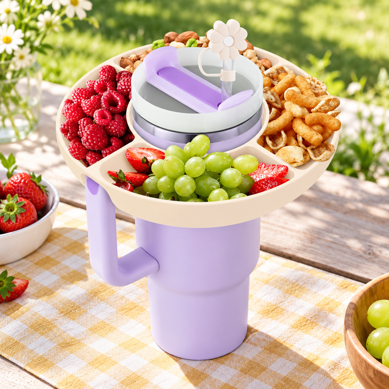 Cream tumbler snack tray with compartments