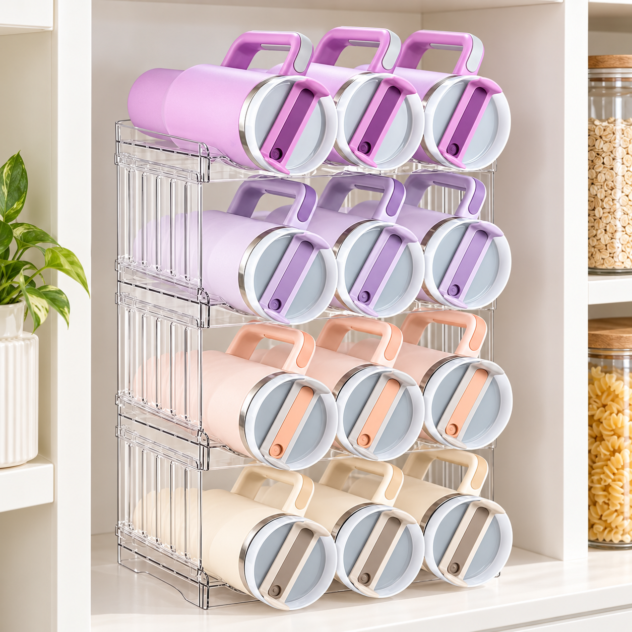 Clear stackable tumbler organizer holding drinkware