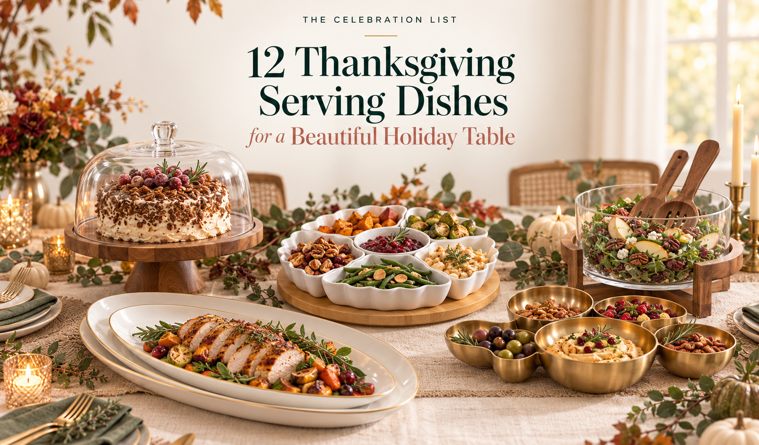 Thanksgiving table styled with white serving platters, a covered wood cake stand, divided serving tray, gold bowls, and a glass salad bowl.