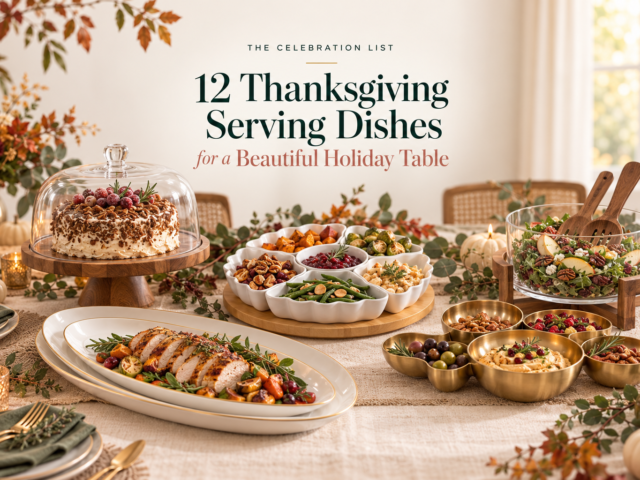 Thanksgiving table styled with white serving platters, a covered wood cake stand, divided serving tray, gold bowls, and a glass salad bowl.