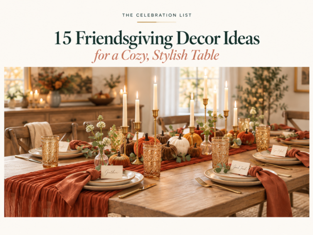 Cozy Friendsgiving table with a burnt-orange runner, amber glasses, gold candleholders, velvet pumpkins, greenery, and neutral stoneware.