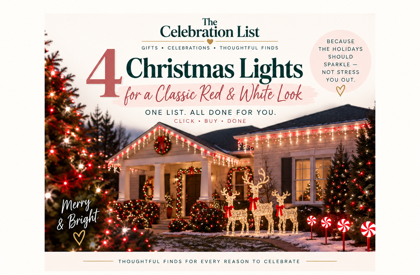 Classic red and white outdoor Christmas light display featuring string lights, icicle lights, illuminated reindeer, and candy-inspired pathway lights.