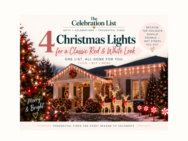 Classic red and white outdoor Christmas light display featuring string lights, icicle lights, illuminated reindeer, and candy-inspired pathway lights.