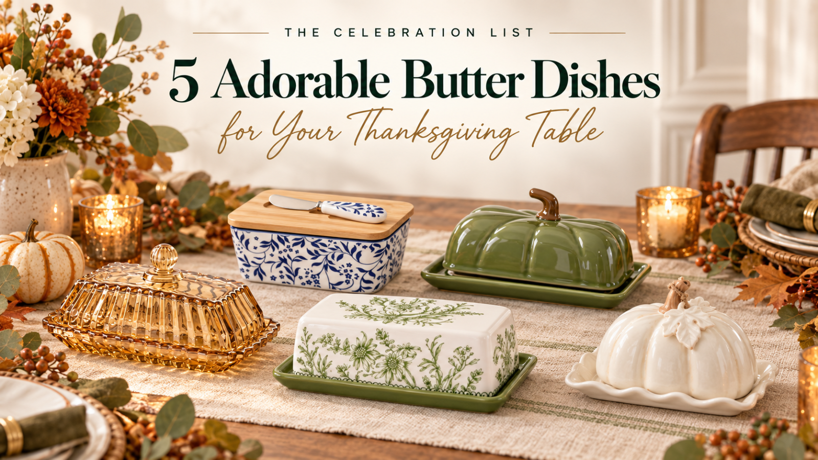 Five adorable butter dishes arranged on an elegant Thanksgiving table