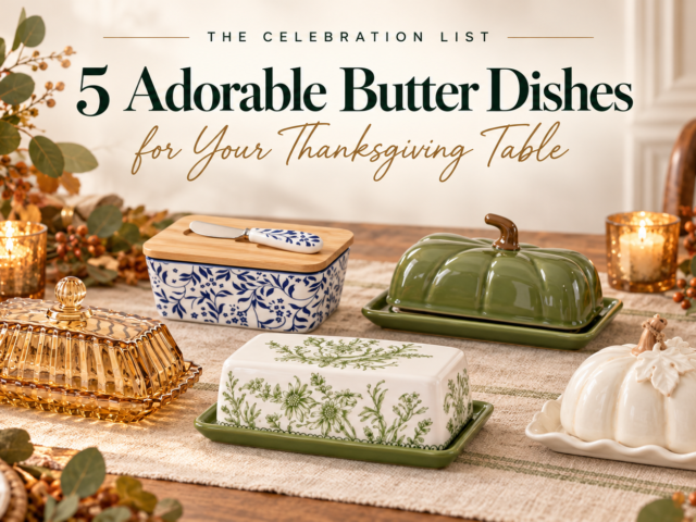 Five adorable butter dishes arranged on an elegant Thanksgiving table