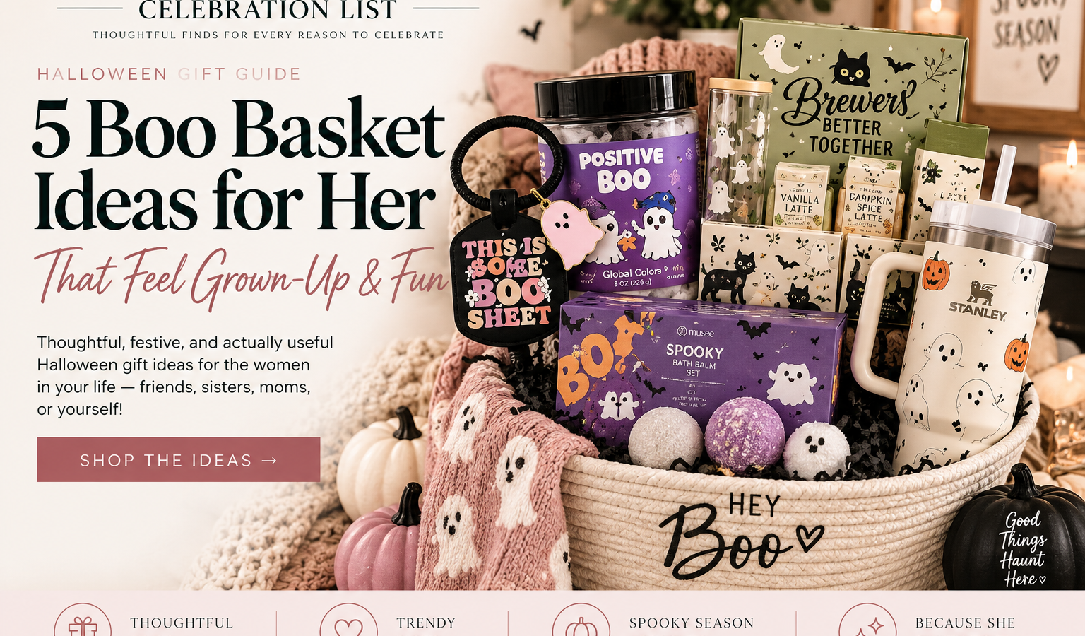 Halloween boo basket ideas for women featuring five fun and thoughtful spooky season gifts.