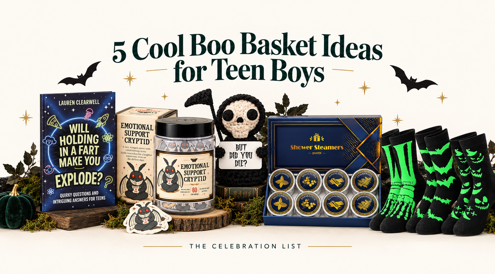Five cool Boo Basket ideas for teen boys featuring a quirky questions book, Emotional Support Cryptid jar, crochet Grim Reaper, shower steamers, and glow-in-the-dark Halloween socks