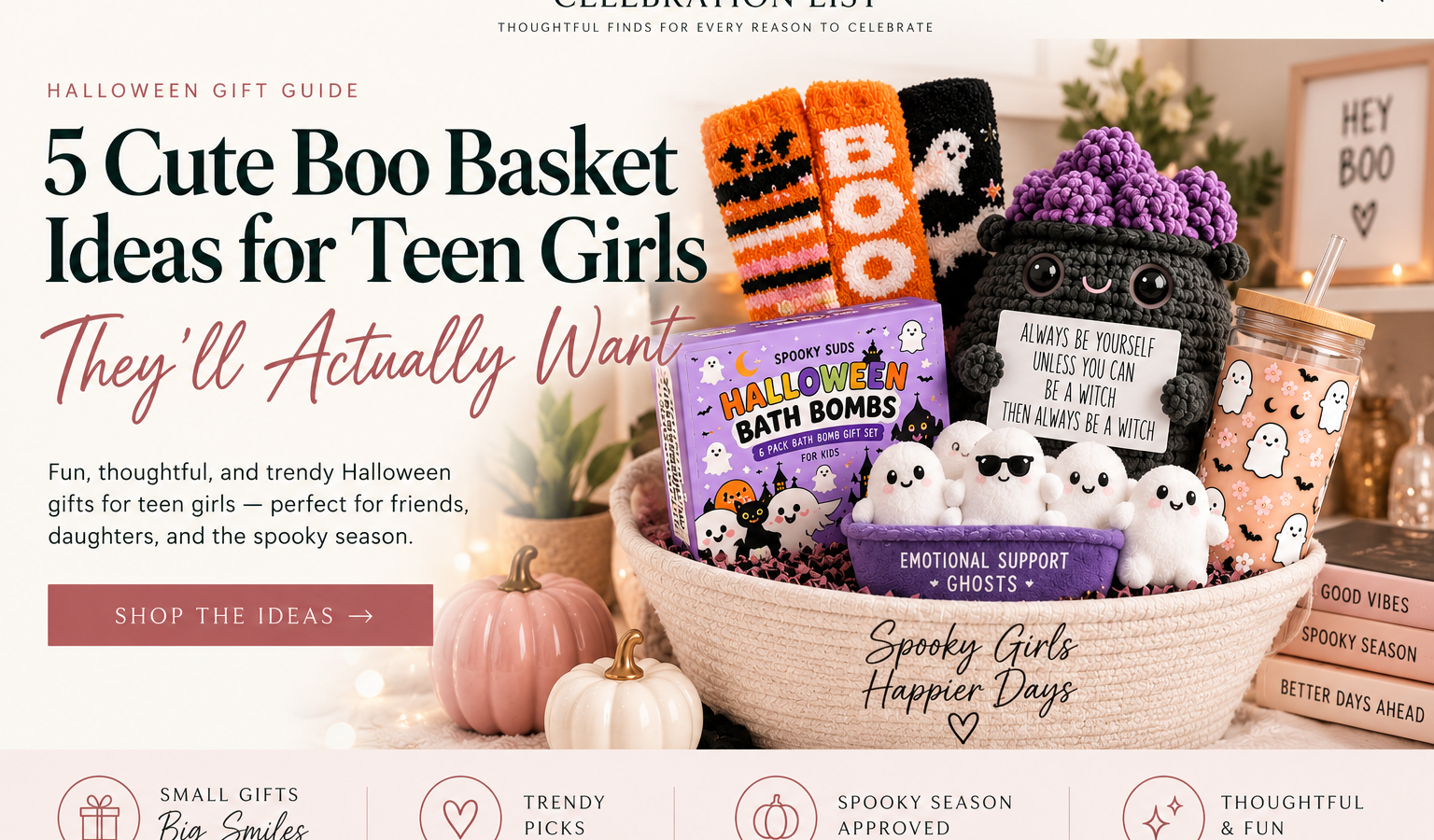 5 cute boo basket ideas for teen girls featuring trendy Halloween gifts and spooky season finds.