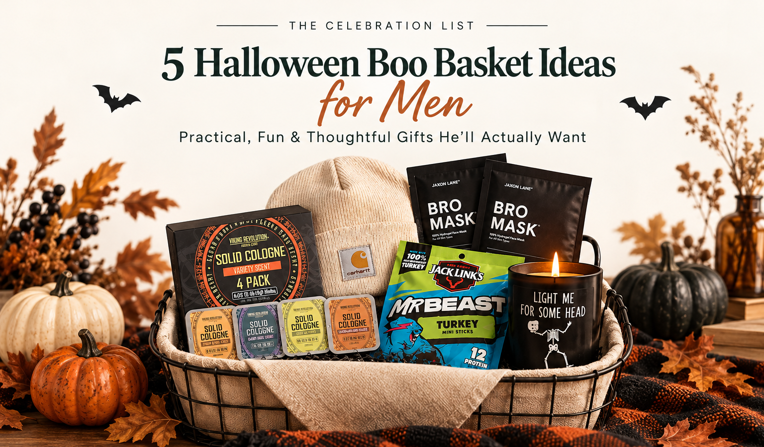 Five Halloween boo basket ideas for men featuring solid cologne, a Carhartt beanie, Jaxon Lane Bro Masks, Jack Link's MrBeast turkey sticks and a funny Halloween candle