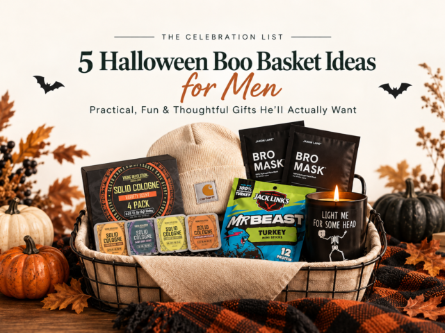 Five Halloween boo basket ideas for men featuring solid cologne, a Carhartt beanie, Jaxon Lane Bro Masks, Jack Link's MrBeast turkey sticks and a funny Halloween candle
