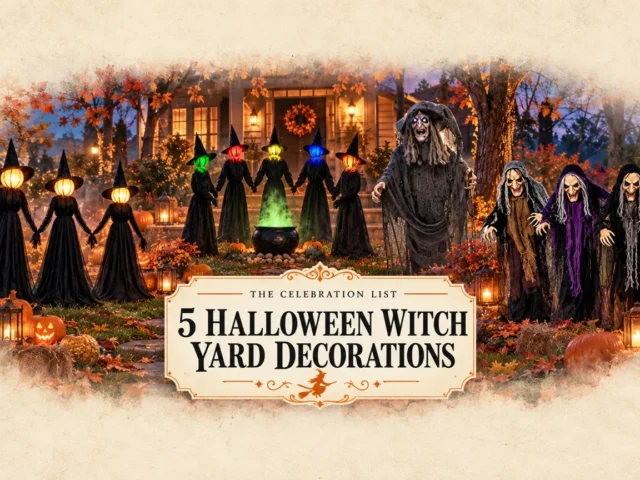 Five outdoor Halloween witch decorations in a pumpkin-lit front yard with vintage article title