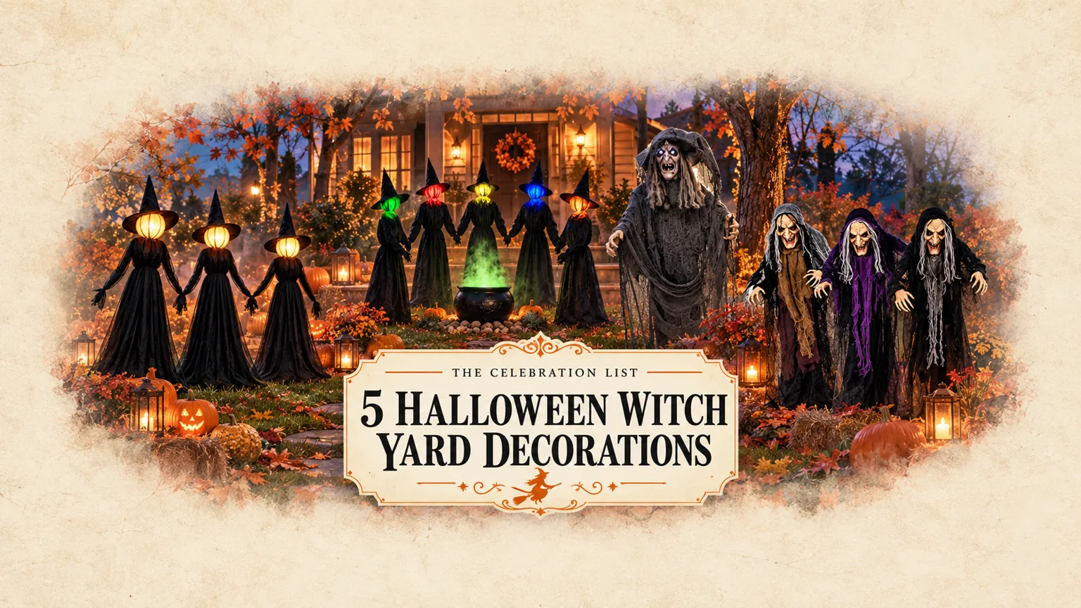Five outdoor Halloween witch decorations in a pumpkin-lit front yard with vintage article title