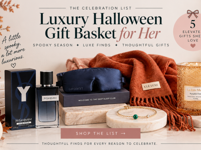 Luxury Halloween gift basket ideas for her featuring YSL Y Eau de Parfum, a DROWSY silk sleep mask, a Clé Luxe cashmere scarf, a MATEO New York malachite bracelet, and a LA JOLIE MUSE Pumpkin Chai candle.