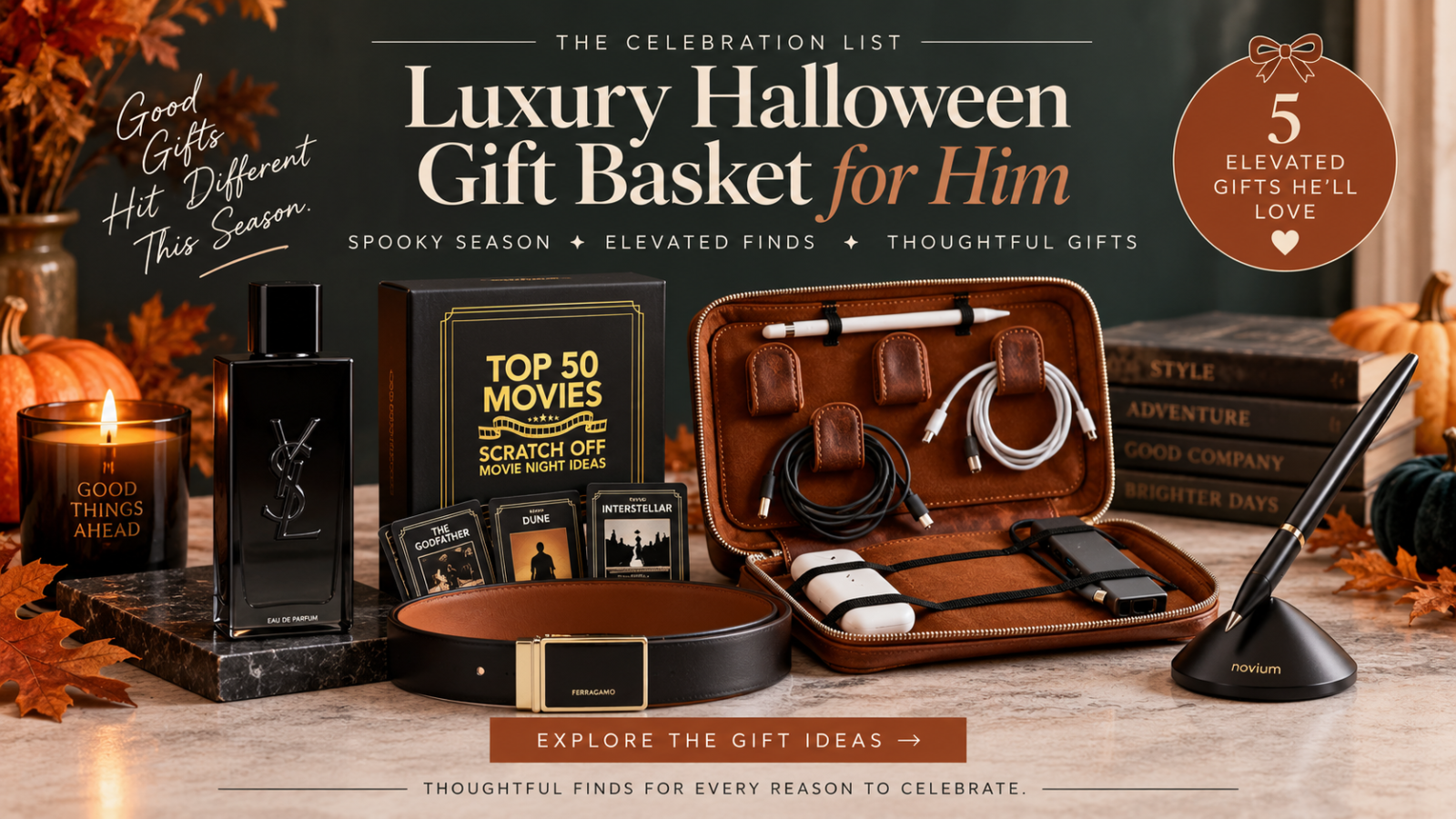 Luxury Halloween gift basket ideas for him featuring YSL MYSLF Eau de Parfum, a Ferragamo reversible leather belt, Novium Hoverpen, leather tech organizer, and movie night scratch-off cards.