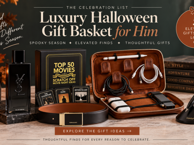 Luxury Halloween gift basket ideas for him featuring YSL MYSLF Eau de Parfum, a Ferragamo reversible leather belt, Novium Hoverpen, leather tech organizer, and movie night scratch-off cards.