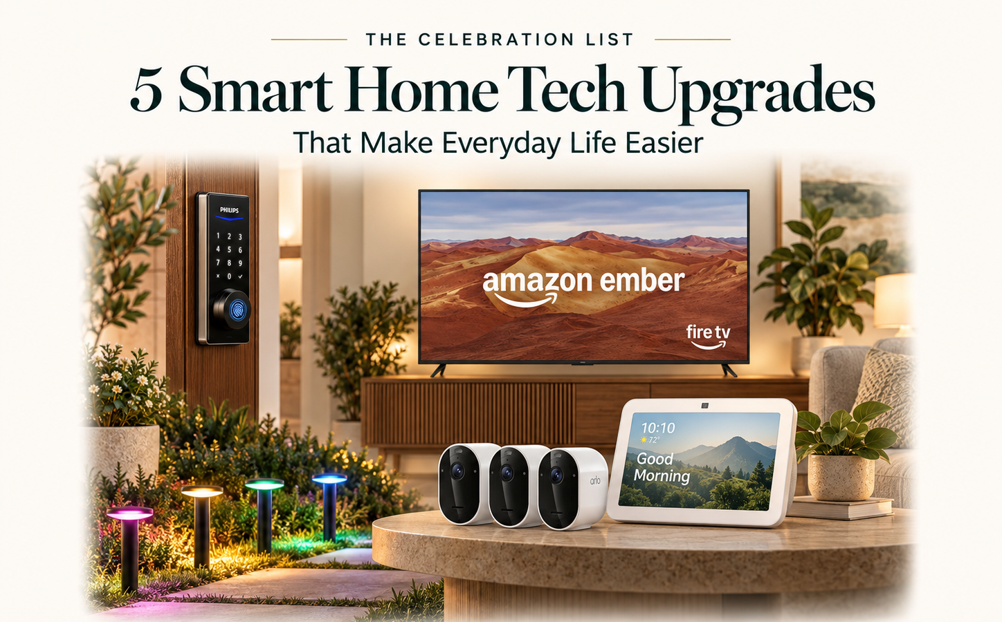 Five smart home tech upgrades featuring Govee pathway lights, Arlo cameras, Amazon smart TV, Echo Show 8, and Philips fingerprint door lock
