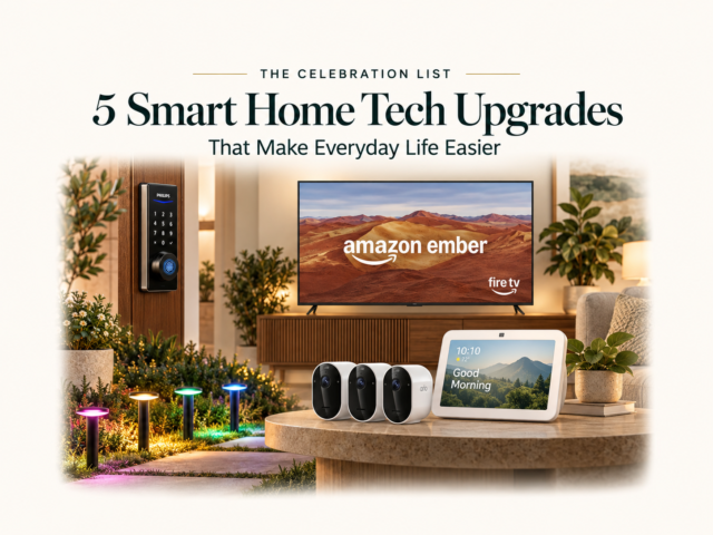 Five smart home tech upgrades featuring Govee pathway lights, Arlo cameras, Amazon smart TV, Echo Show 8, and Philips fingerprint door lock